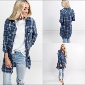 Sneak Peek Tunic Button Down Mini Dress Blue White Plaid S